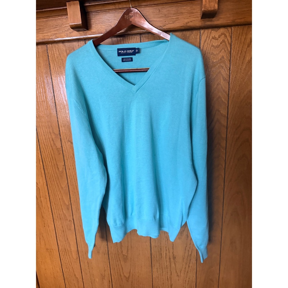 Polo Golf Ralph Lauren Mens XL Turquoise Cotton Cashmere V-Neck Sweater Blue